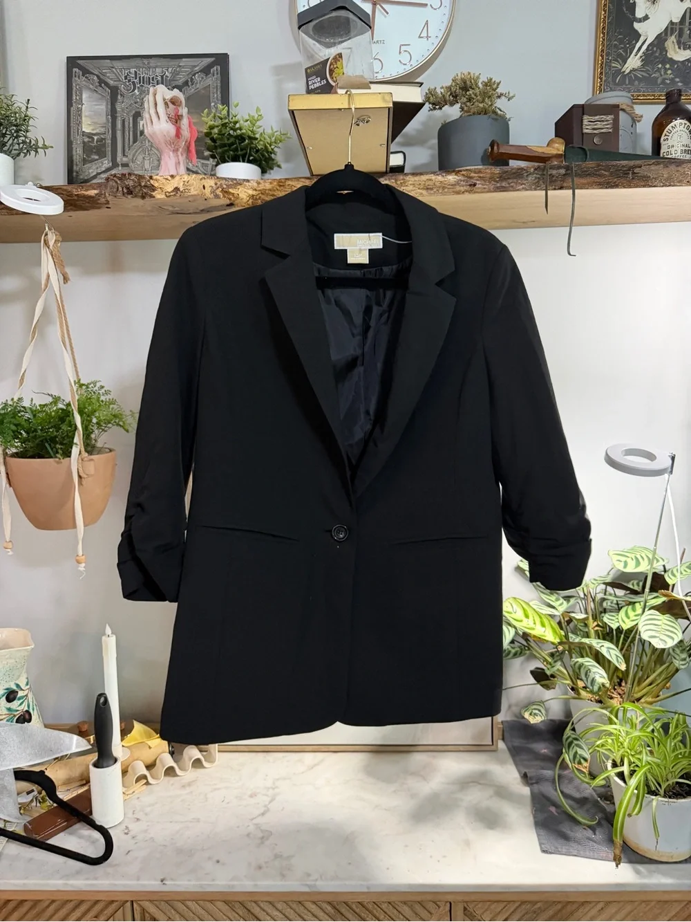 Michael Kors Black Single-Button Women's Blazer, Bunched 3/4 Sleeves